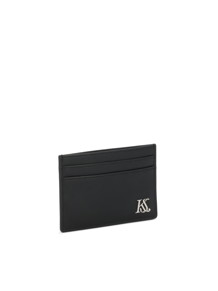 Black leather card case with logo