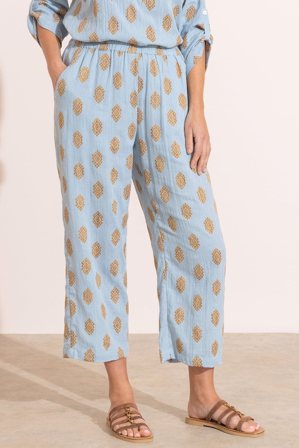Klass. Geometric Embroidered Wide Leg Cropped Cotton Trousers