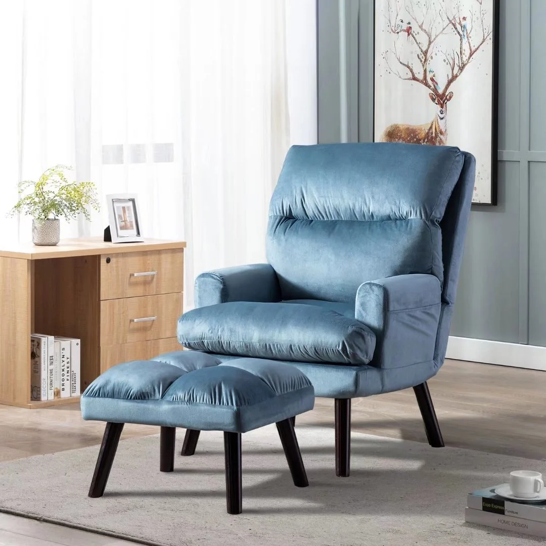 Velvet Fabric Recliner ArmChair and Ottoman Set