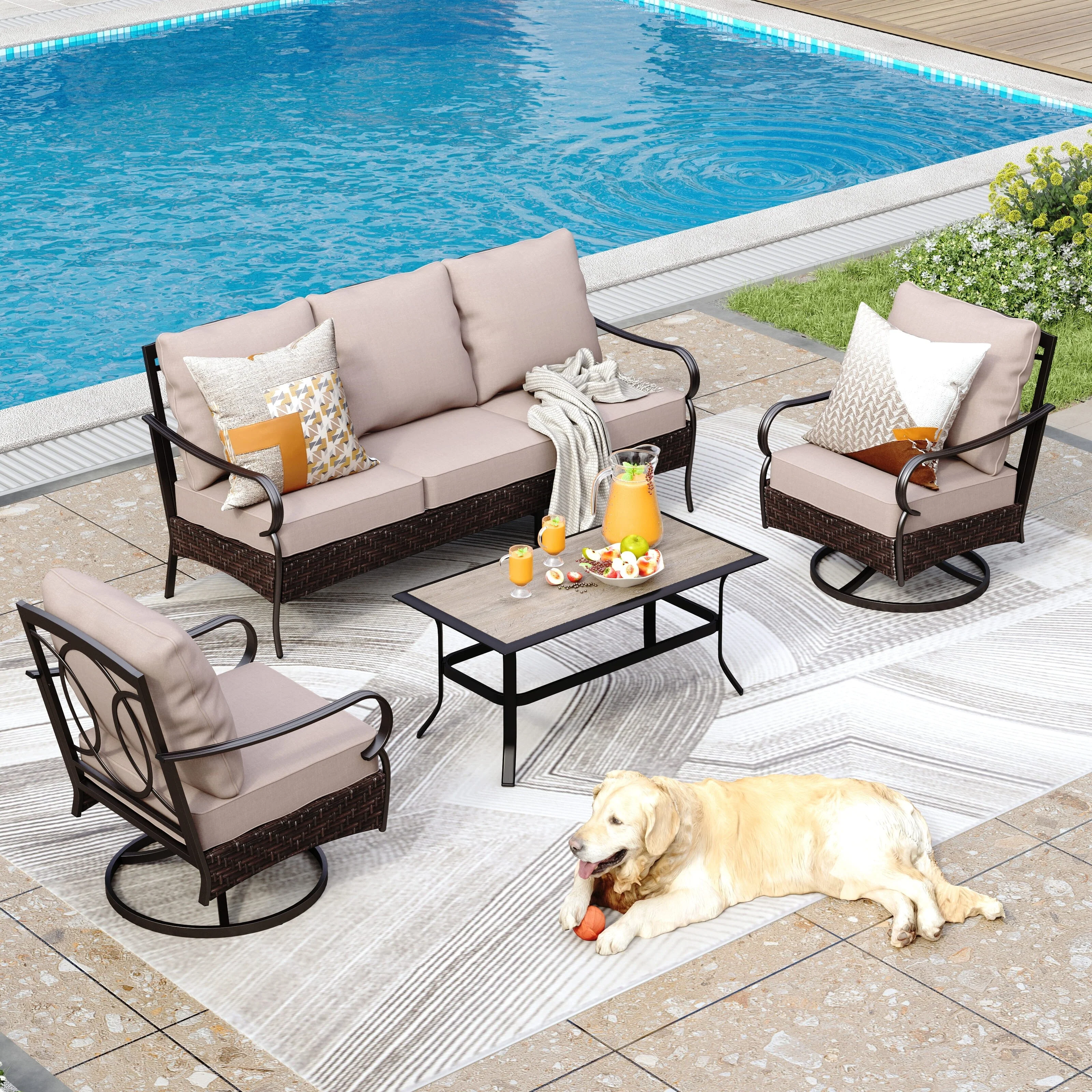 MAISON ARTS Extra Large 6 PCS Outdoor Patio Furniture Set - 3-Seat & 2-Seat Sofas, Swivel Chairs, Ottomans, Coffee Table