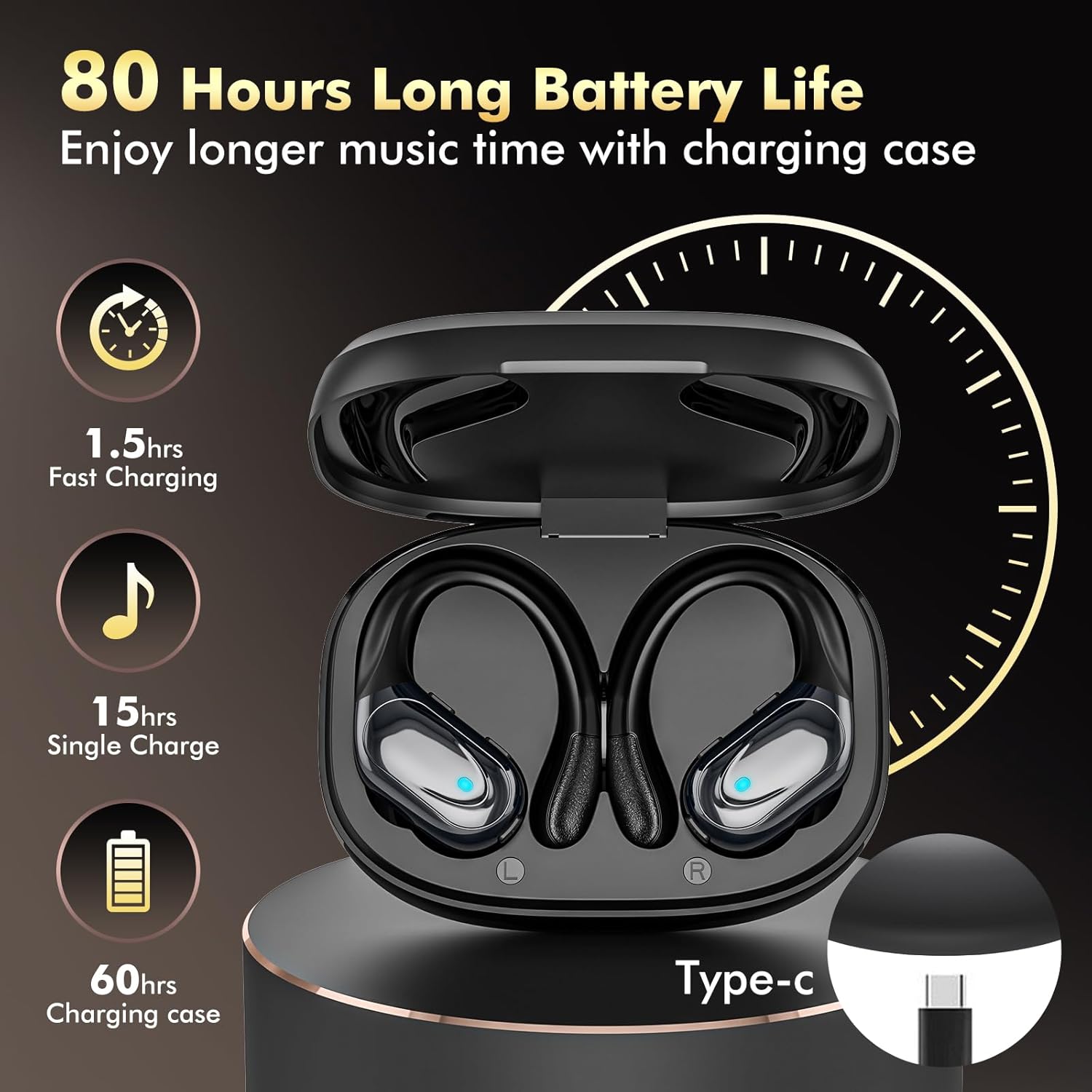 HAOYUYAN Sports Bluetooth Headphones, 80Hrs Playtime Wireless Earbuds with LED Power Display, IPX7 Waterproof Earphones for Workout/Running, Noise Canceling Headset Ear Buds(Black)