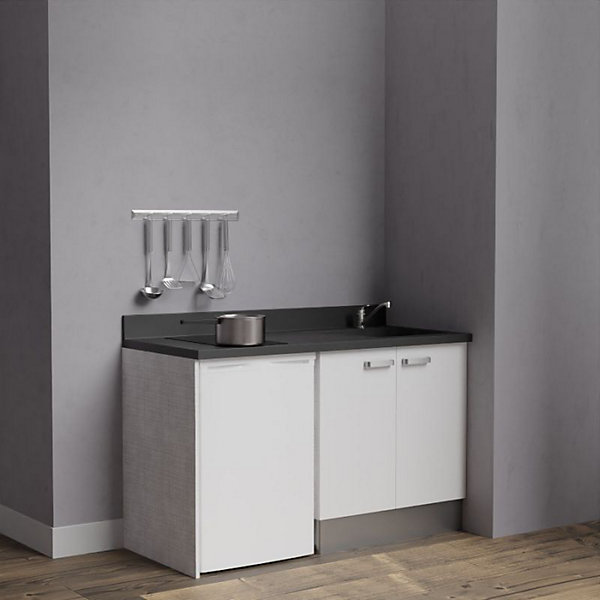 Kitchenette K17 - 140 cm - façades Blanc - Plan monobloc en quartz coloris Nero évier à droite