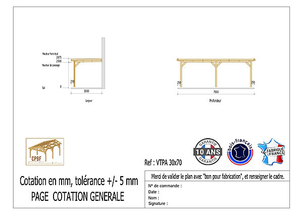 Carport adossé toit plat 300cmx700cm, bois DOUGLAS Français (Charpente en bois-auvent-abri voiture) 21 m². Garantie 10 ans