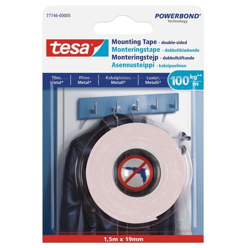 MONTERINGSTAPE TESA FLISER OG METALL 100KG/M 1,5MX19MM