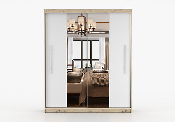 Armoire Althéa 203 cm avec miroir - Effet bois - Blanc