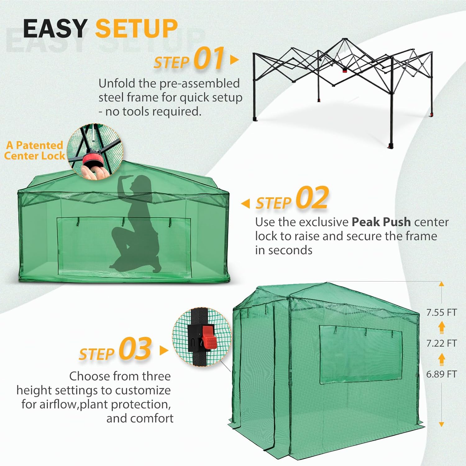 EAGLE PEAK Instant Pop-up Greenhouse  Indoor Outdoor Plant Gardening Green House  Roll-Up Zipper Doors and Side Windows  Walk in 8x6 ft  PE Cover  Green/Clear
