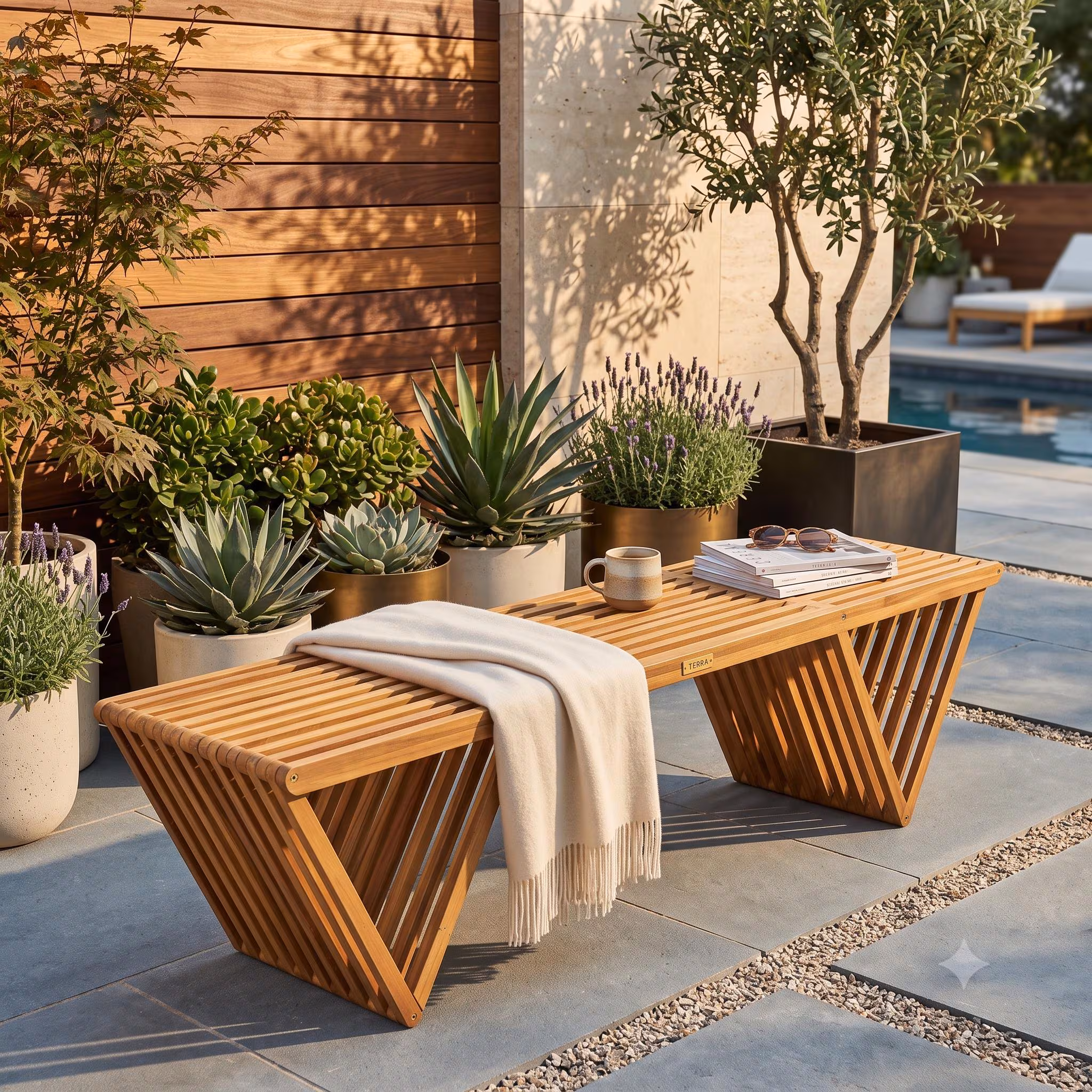 Acacia Wood Outdoor Bench | Geometric Slatted Patio Seating | Mid-Century Garden Furniture