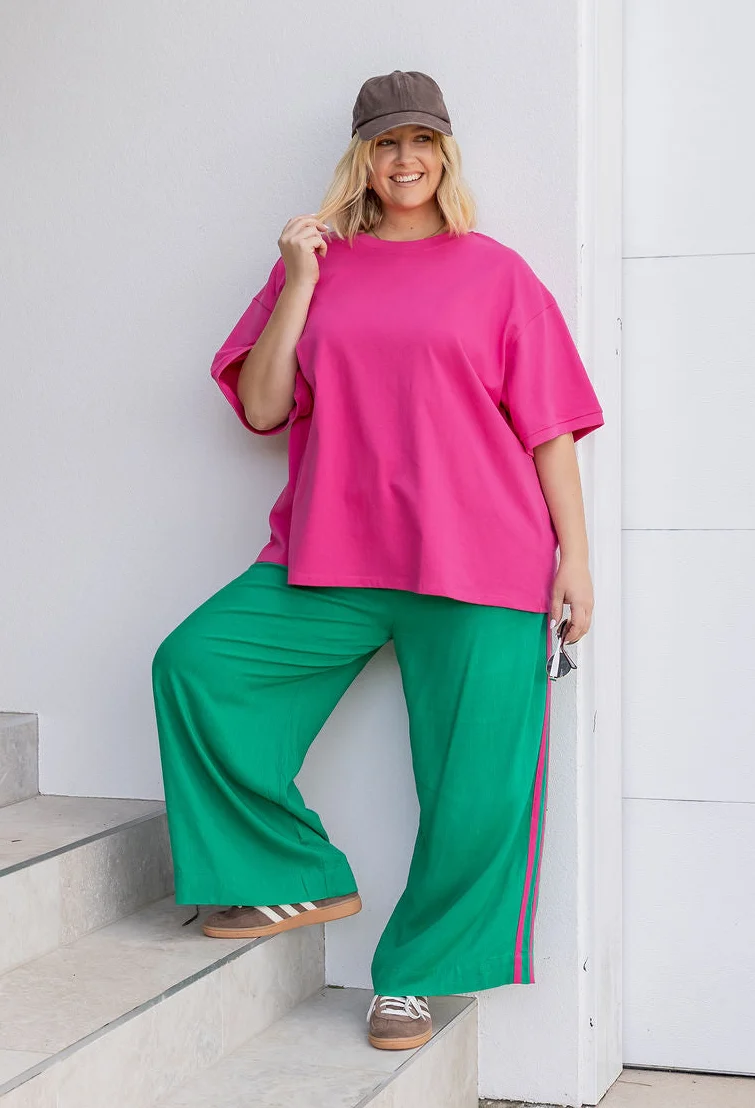 Side Stripe Linen Blend Pants in Green/Pink