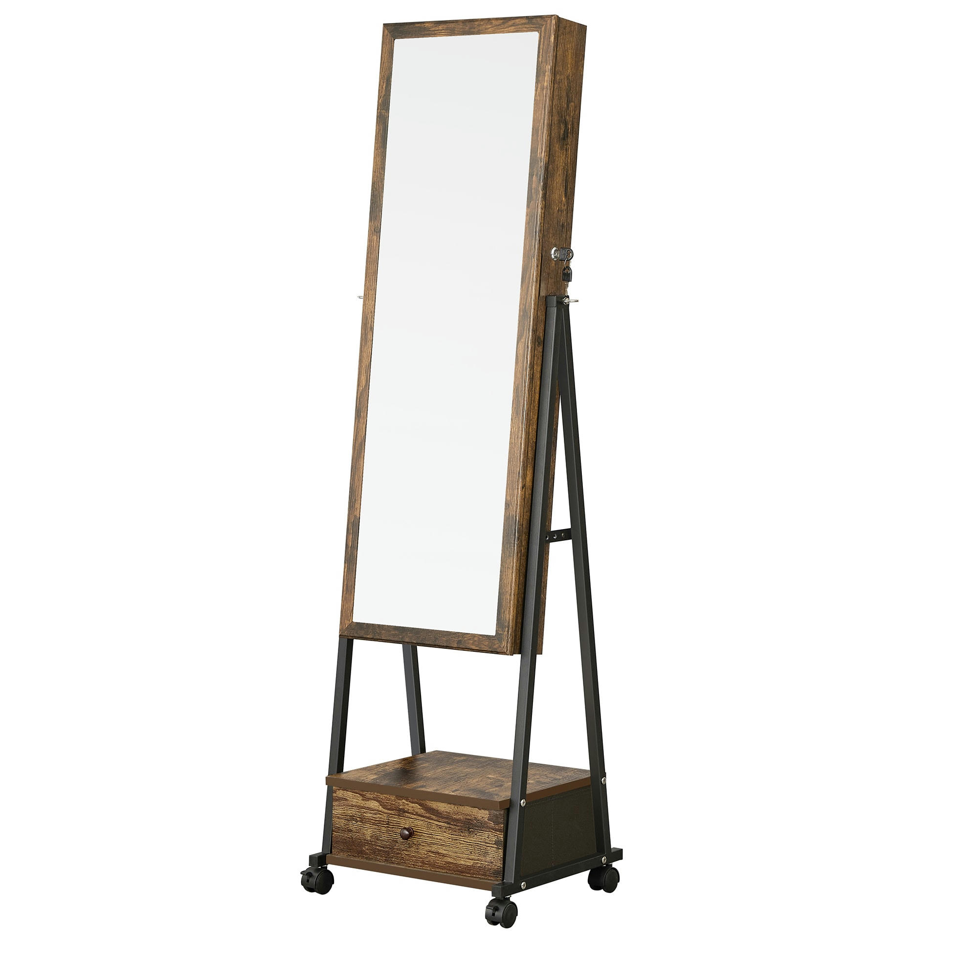 - Miroir sur pied avec rangement effet bois marron rustique et noir