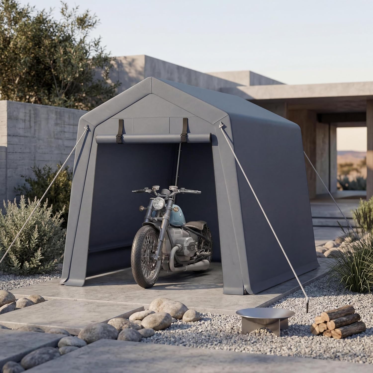 6x6FT Carport, Heavy Duty Motorcycle Shed with Waterproof PE Tarp, Portable Outdoor Storage Shed for Bikes and Firewood, All-Weather Car Shelter with Roll-Up Zipper Door, 6x6FT, Gray
