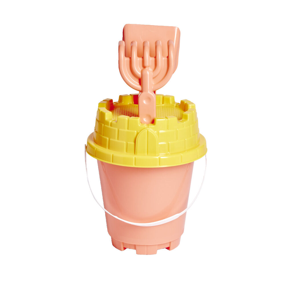 Seau de plage avec pelle râteau tamis en plastique corail