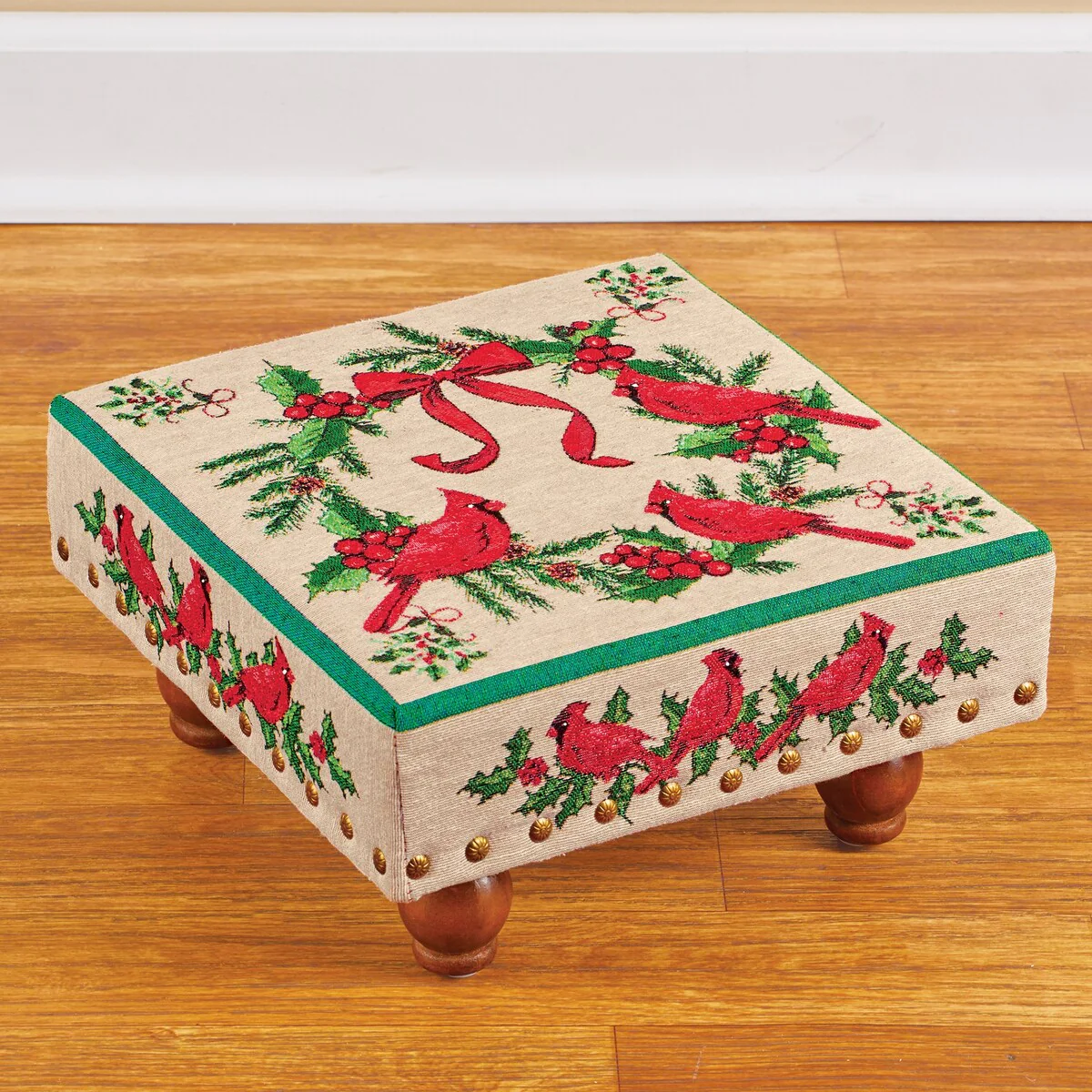 Holiday Cardinal Wreath Tapestry Traditional Footstool