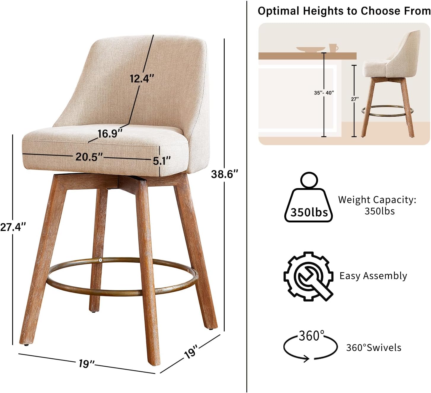 Counter Height Bar Stools,Sand-Colored Linen Comfort Fabric Bar Stool Set of 2,360° Swivel Counter Height Stools Solid Wood Legs,27'' Barstools with Contoured Backrest