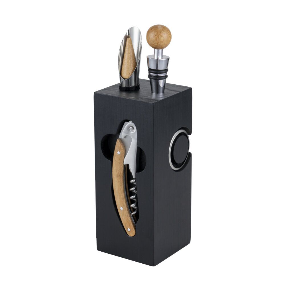 Accessoire à vin 6 pièces avec support en bois noir 6x6xH16cm