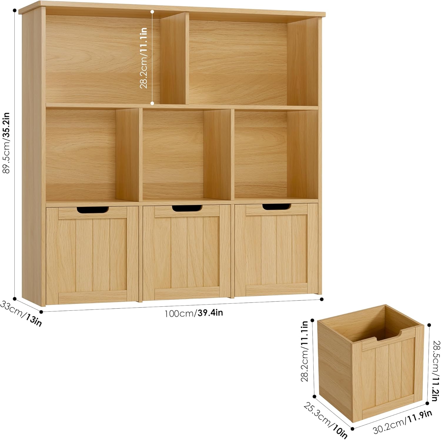 FOTOSOK Toy Storage Organizer with 3 Movable Drawers, Floor Storage Cabinet Toy Chest with Hidden Wheels and 5 Storage Cubbies, Multifunctional Storage Chest for Playroom, Natural