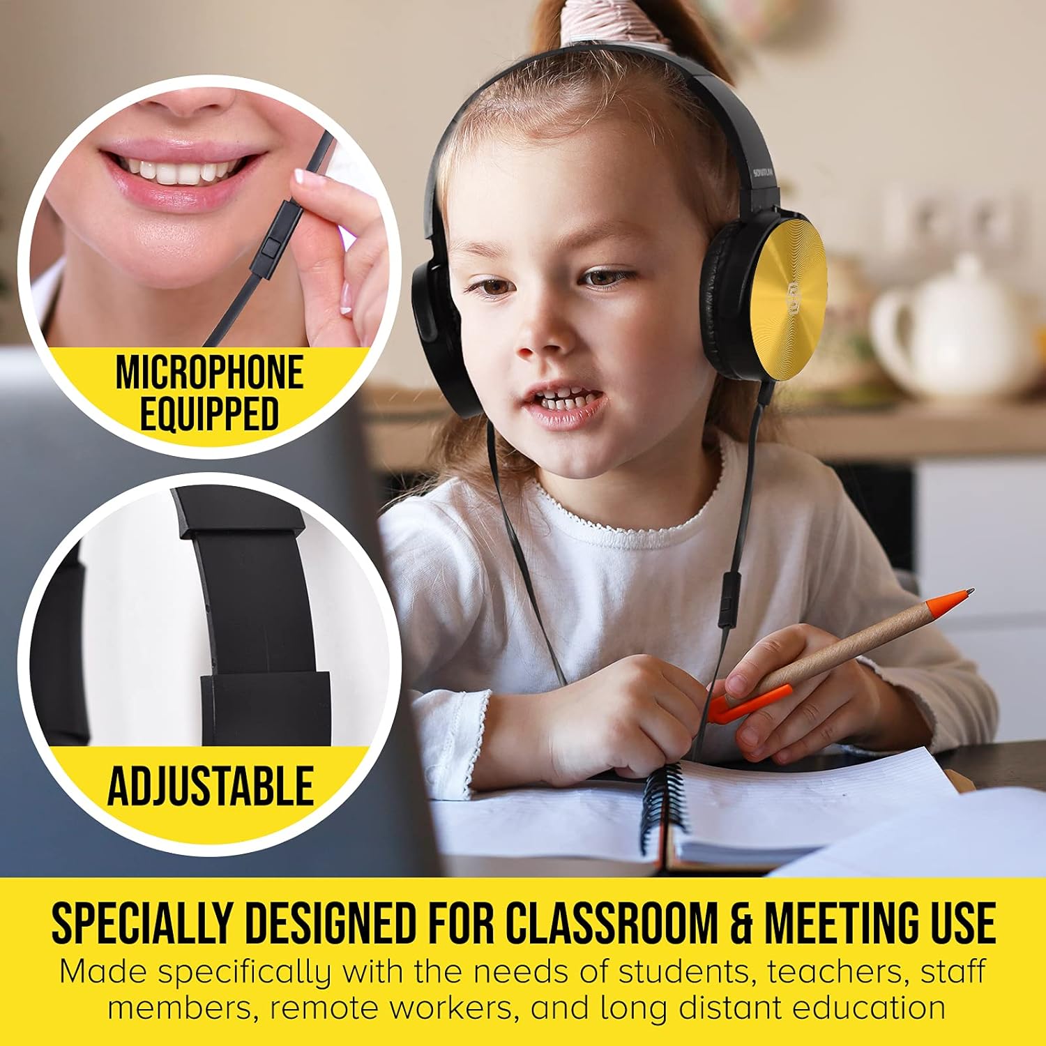 Premium Classroom Headphone with Microphone (5 Pack) - Kids Wired Earphones with Mic for School Students K-12 & Teachers, Soft Swivel On Ear Pads- Perfect for E-Learning, Meetings, Calls -(Colorful)