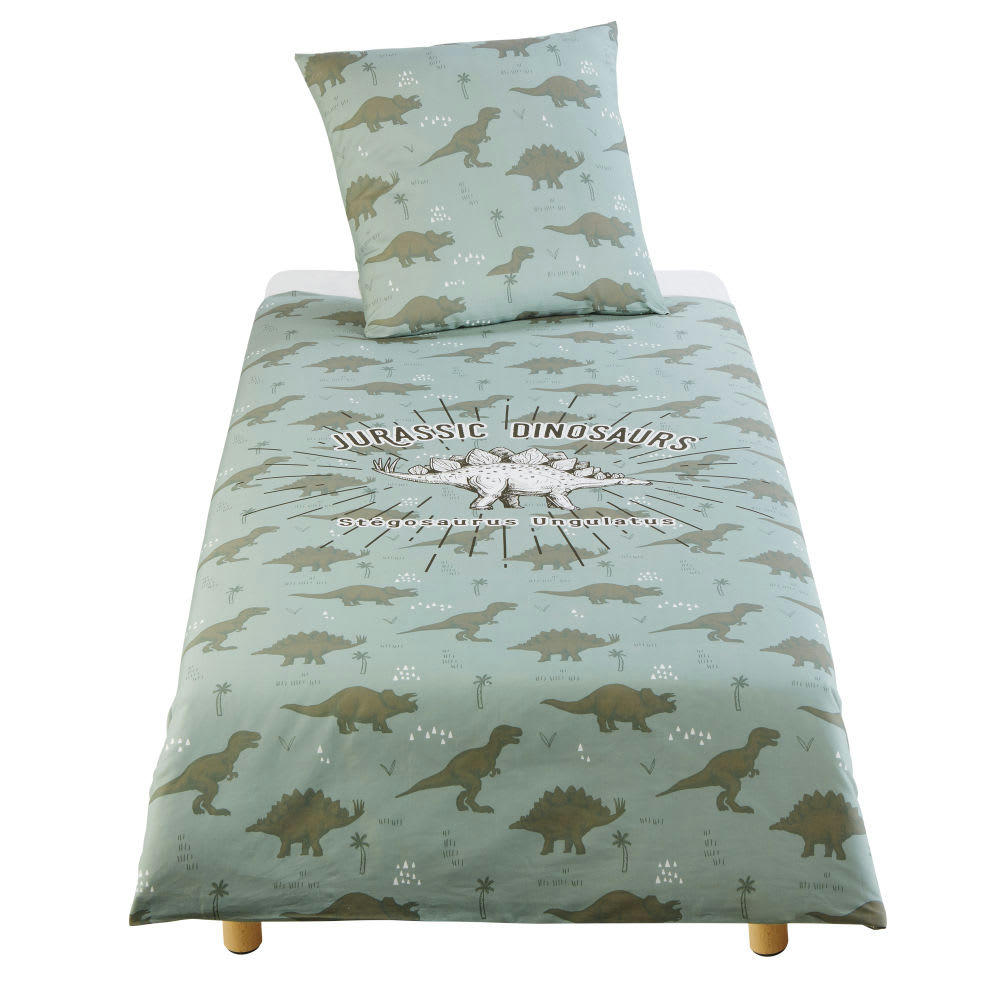 DINO - Parure de lit enfant en coton vert kaki imprimé 140X200