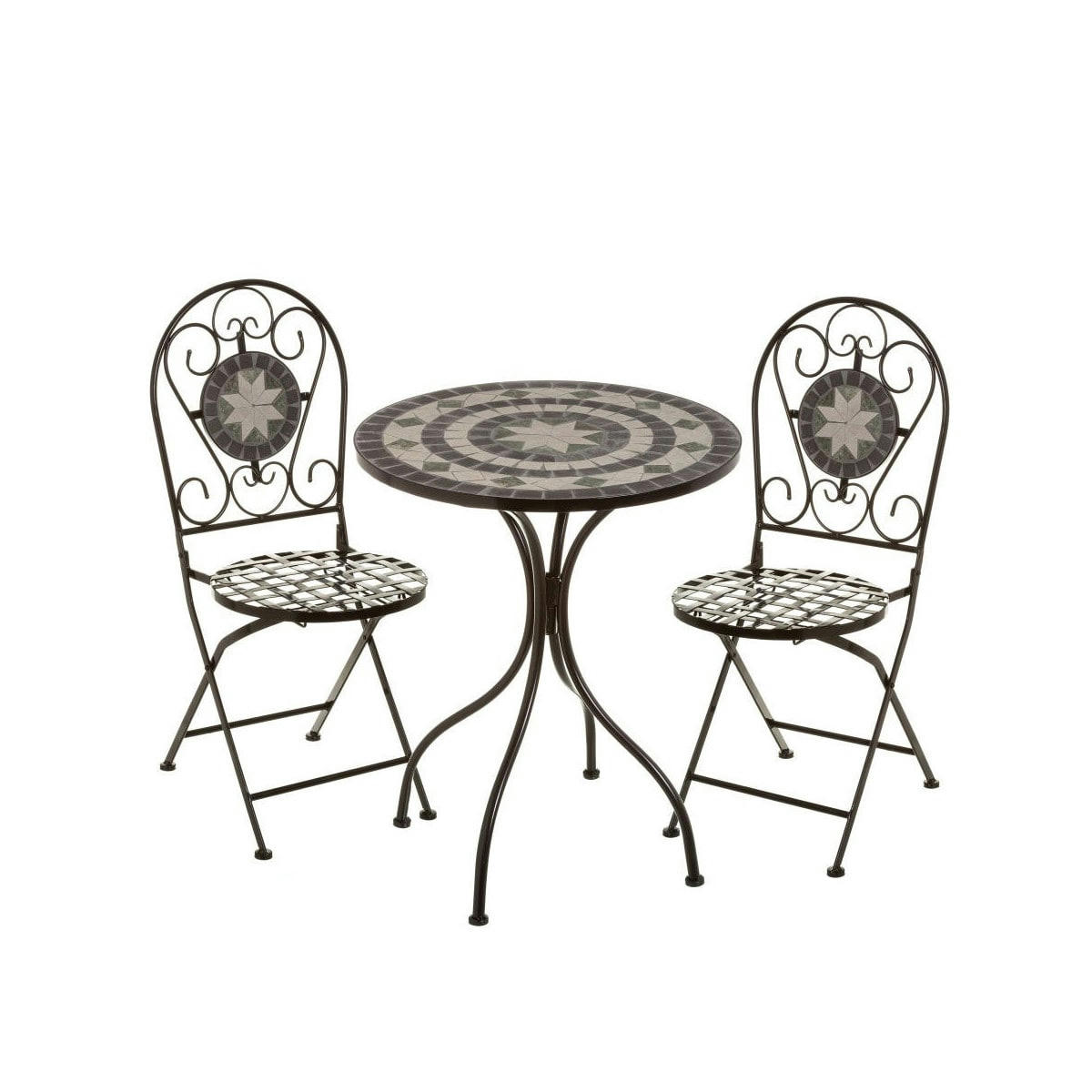 - Set table + 2 chaises de jardin pliable en métal noir et céramique