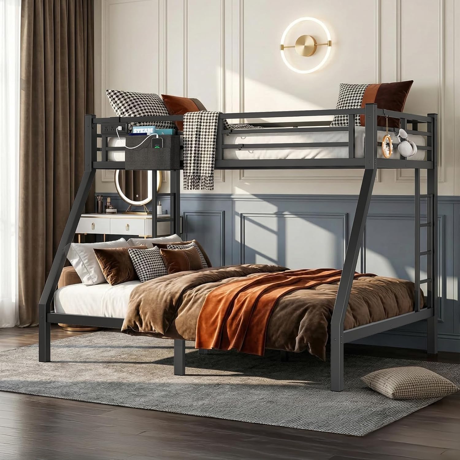 Twin XL Over Queen Bunk Bed, Metal Bunk Bed Frame Heavy Duty Bunk Beds Loft Bed Frame with Ladder and Guardrail Metal Slats No Box Spring Required for Adults Teens, Black