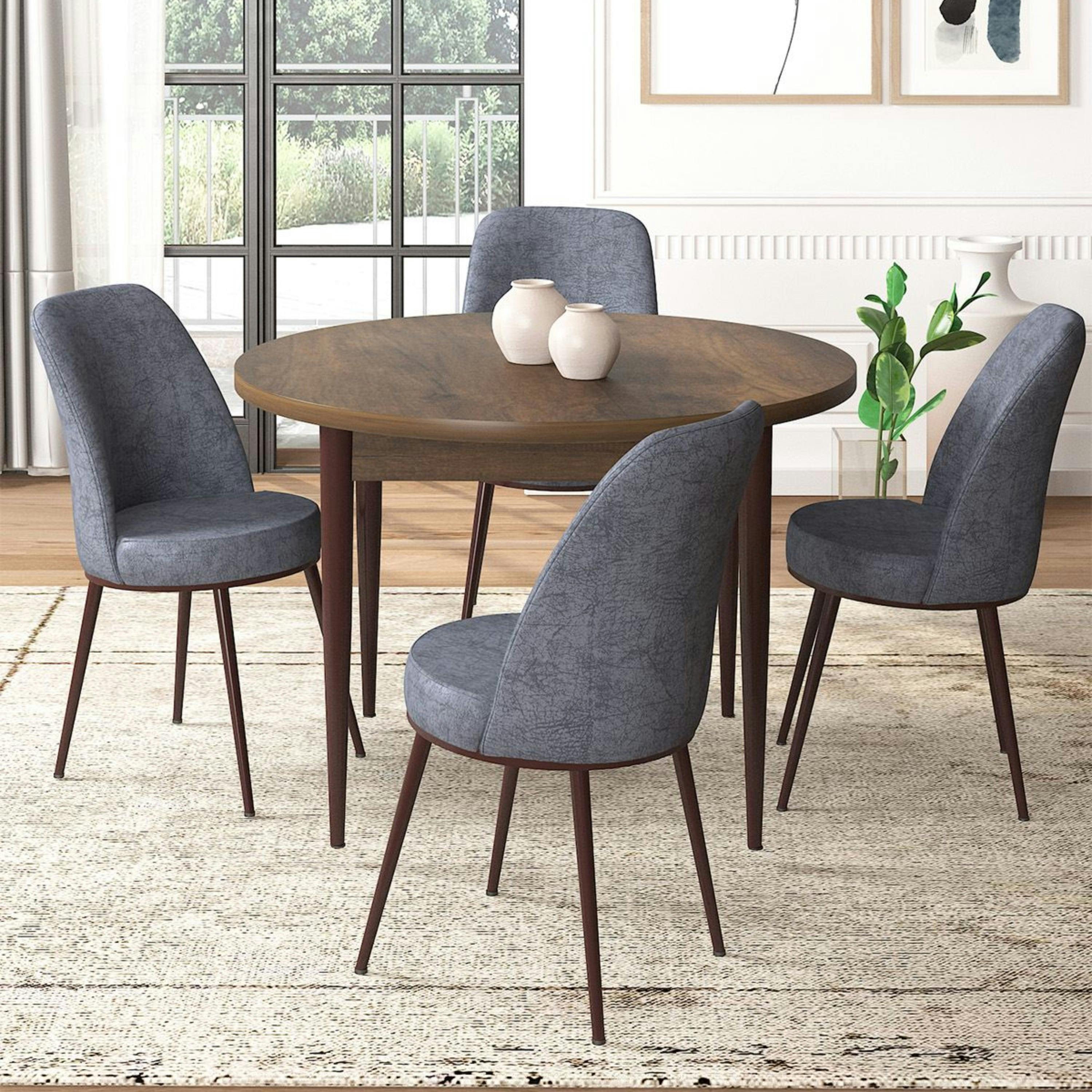 Ensemble table ronde Ø90 cm   4 chaises grises à motifs AROLA