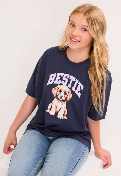 Older Girls Blue Bestie Dog Curve Hem T-Shirt