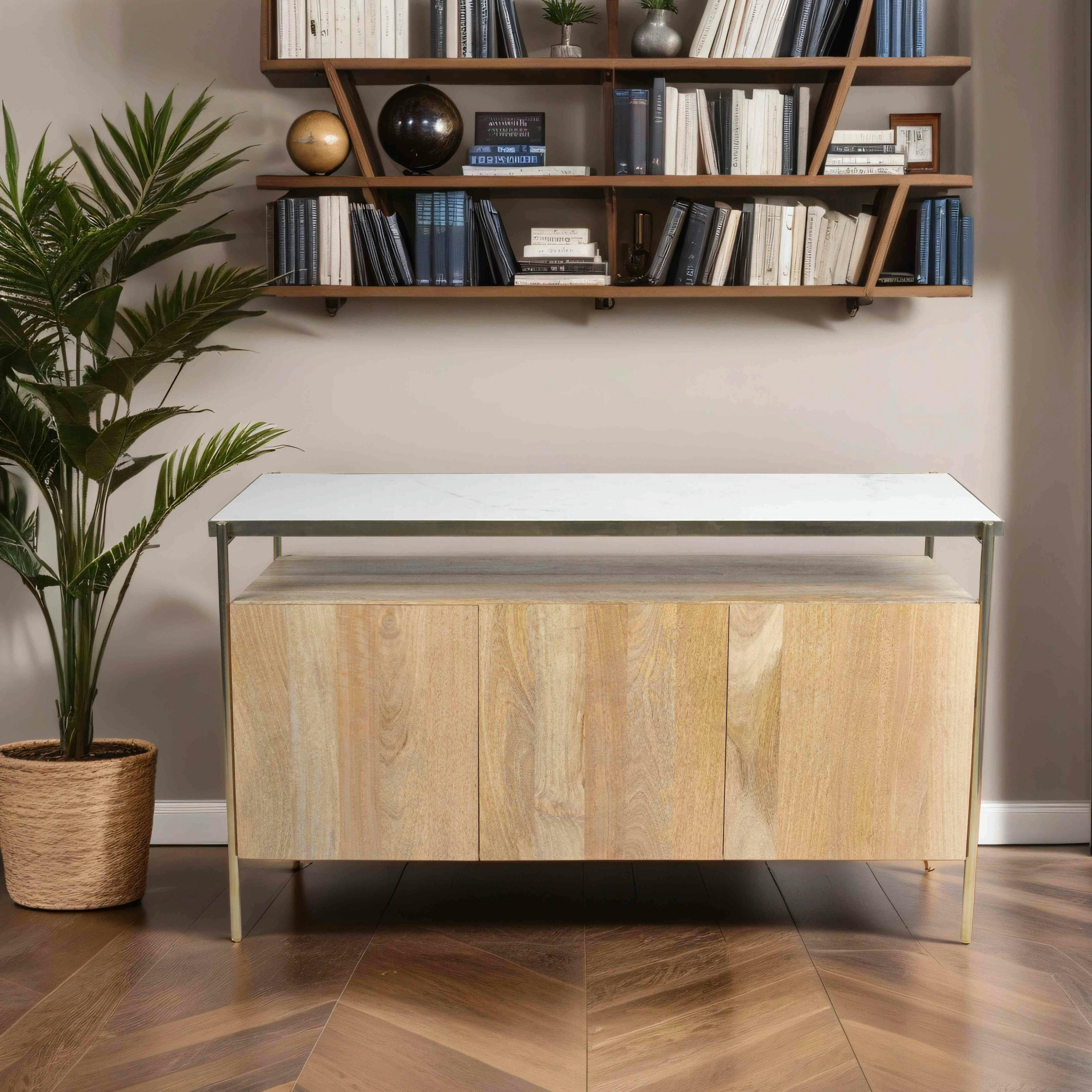 PAHELI - Buffet 3 portes en marbre et manguier 138 cm blanc