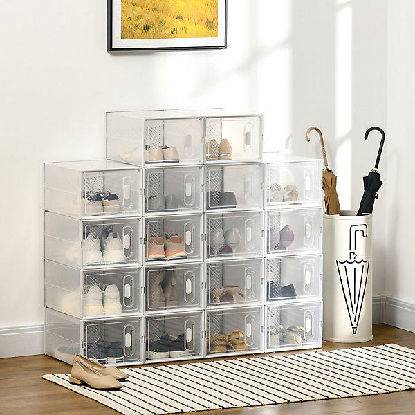 Lot de 18 boites cubes rangement à chaussures modulable avec portes transparentes - dim. 25L x 35l x 19H cm - PP blanc transparent