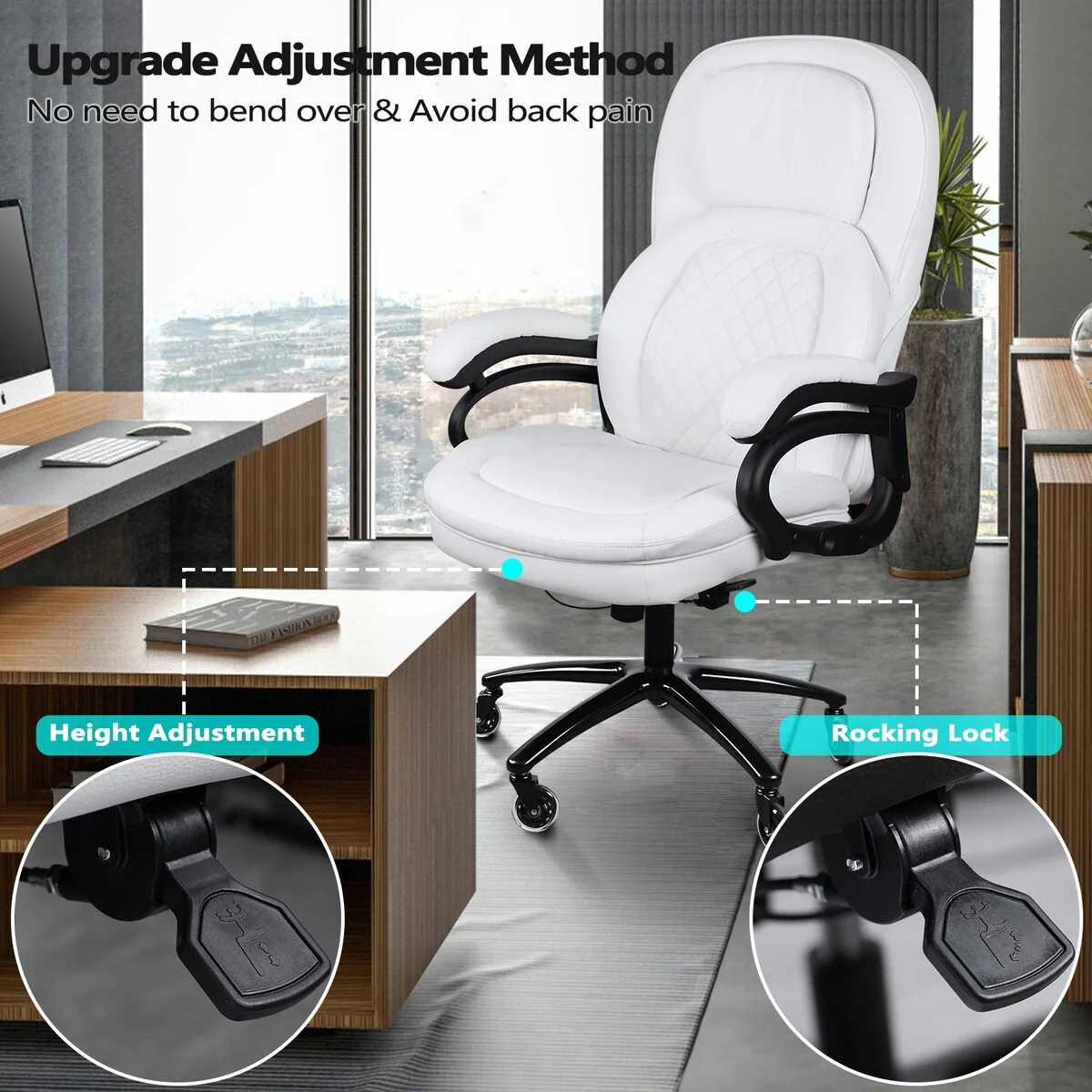 White Big Tall Office Chair PU Leather Office Chair
