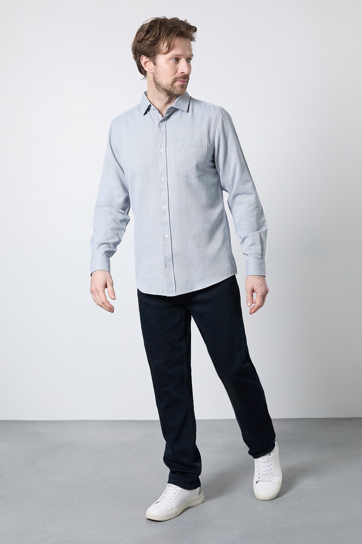 Maine Navy Textured Smart Long Sleeve Shirt