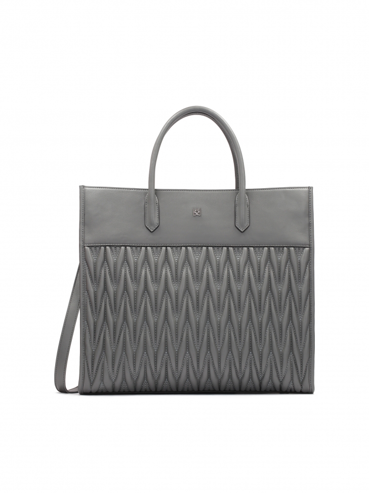 Large gray handbag with handles and quilted body