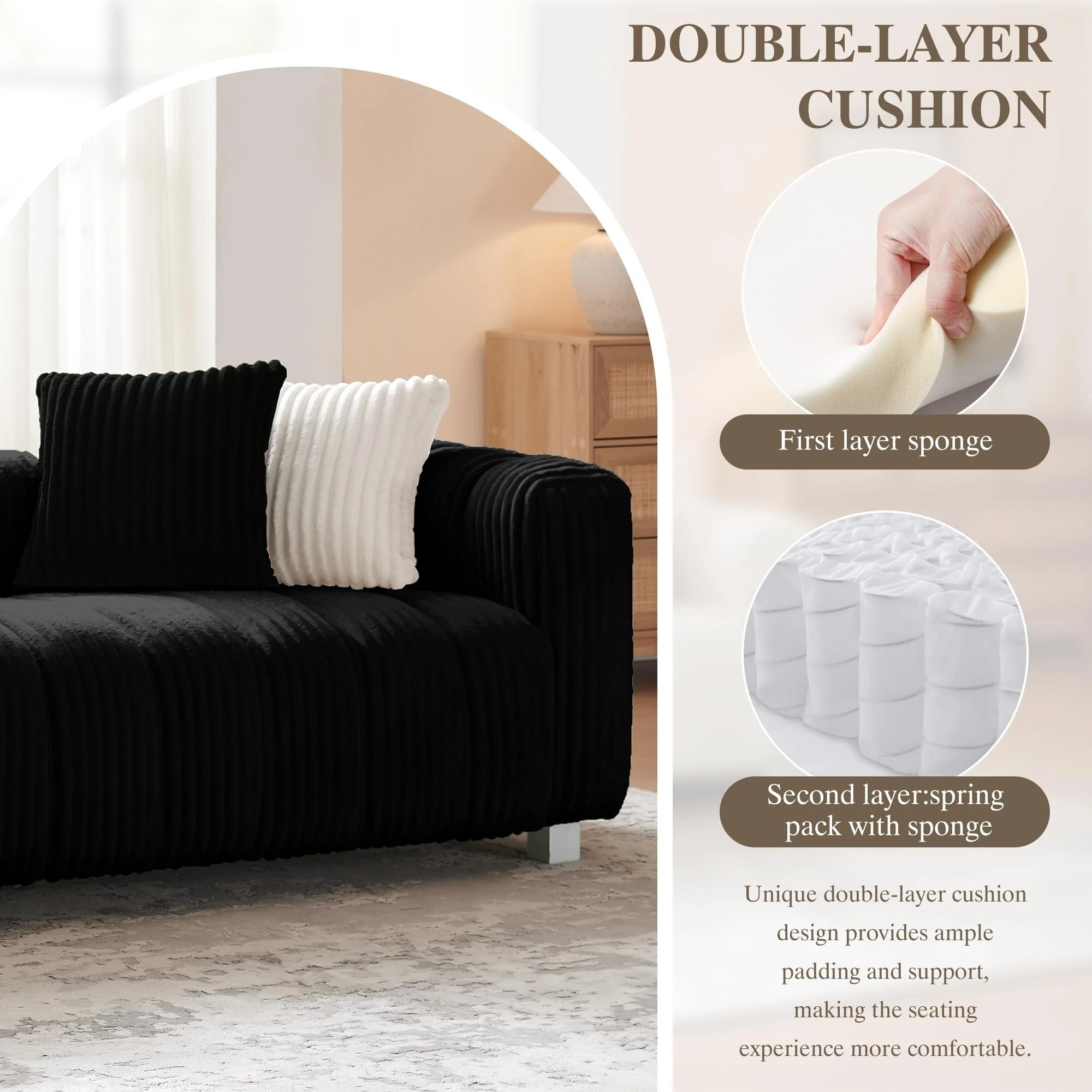 Corduroy Three-Seater Sofa - Sturdy Wooden Frame, Comfortable & Durable