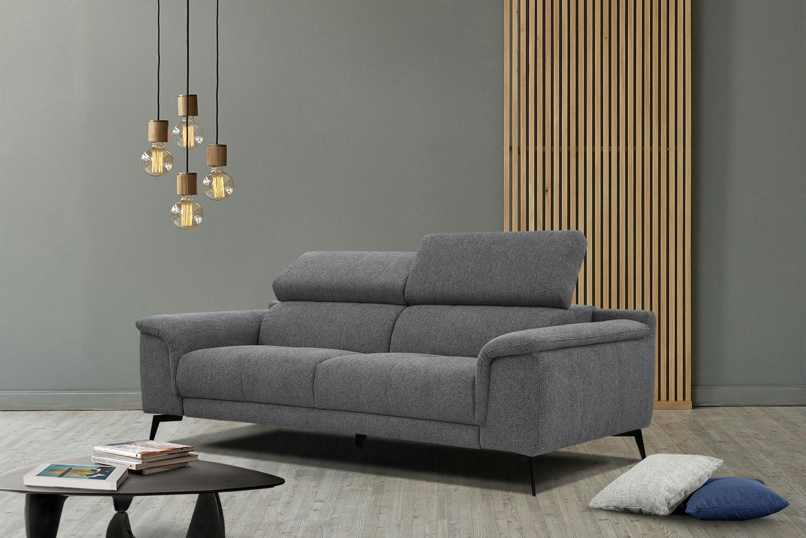 FIERO - Canapé droit 3 places XXL tissu gris foncé