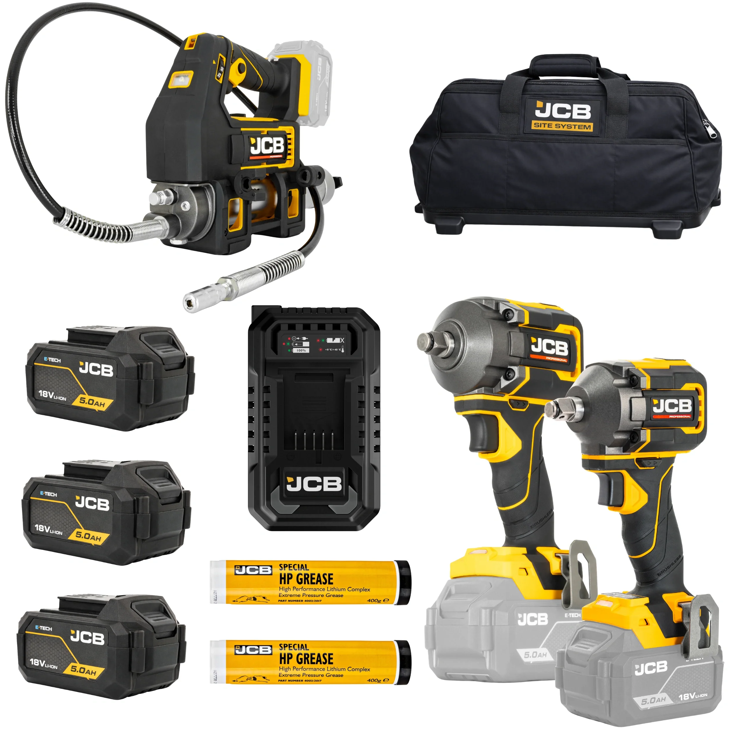JCB Professional Zestaw Klucz Udarowy 350 Nm + Klucz Udarowy 620 Nm + Smarownica 700 Bar 18V 2x Smar 3x 5,0Ah Ładowarka Torba