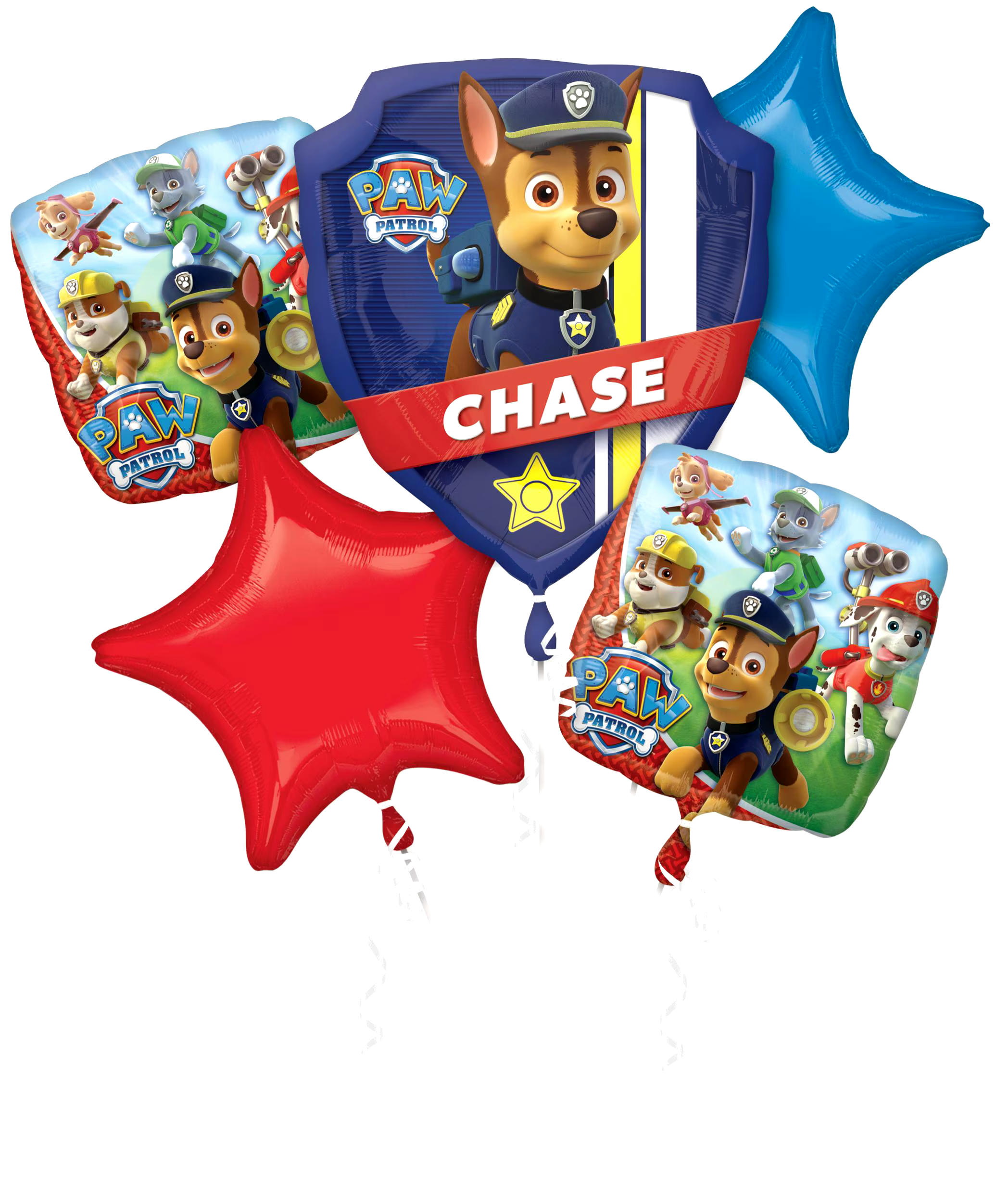 Nickelodeon PAW Patrol Chase Badge/Star/Square Satin Foil Balloon Bouquet, Blue/Red, 5-pk, Helium Inflation & Ribbon Included for Birthday Party