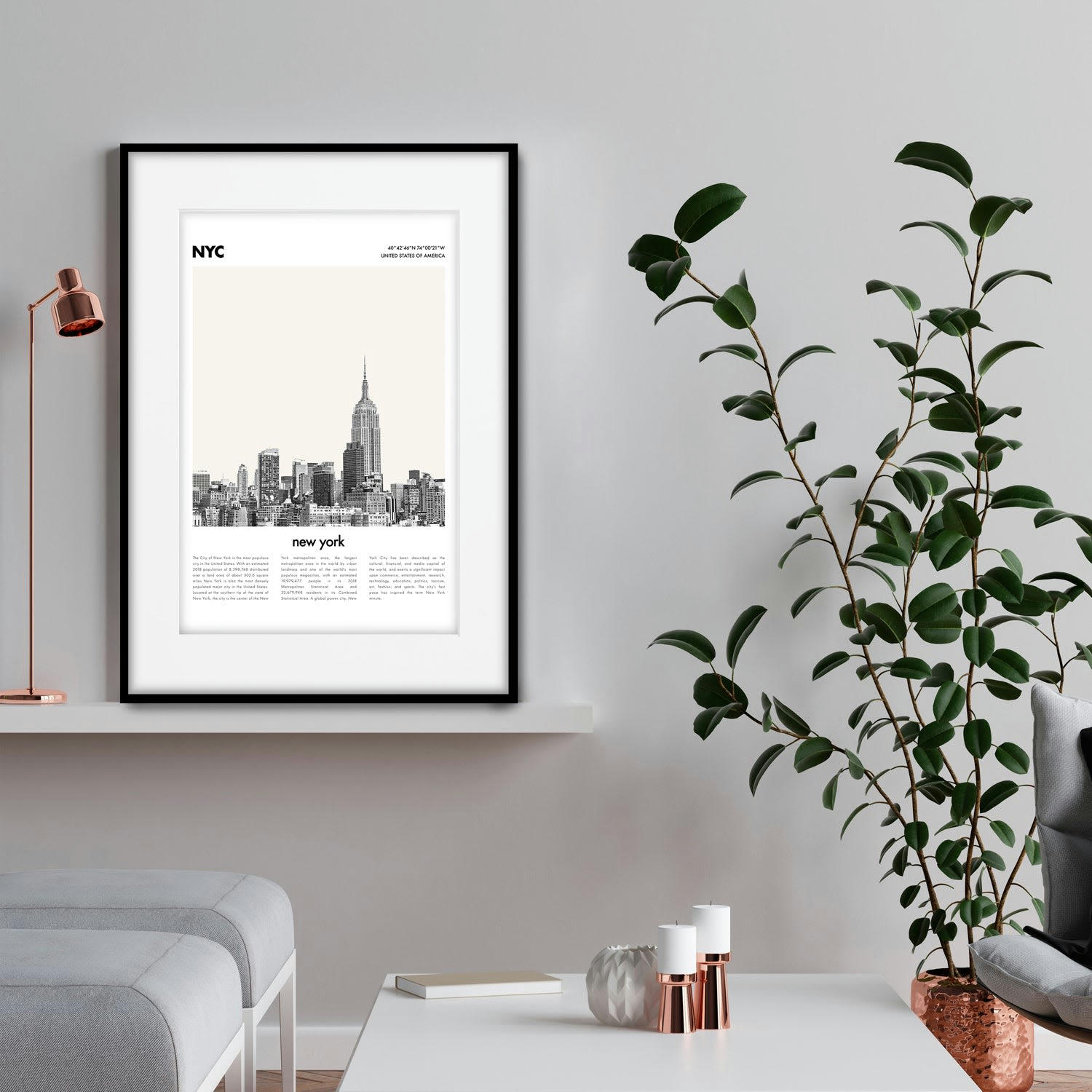 CIUDADES - Affiche avec cadre noir - Description New York - 50x70