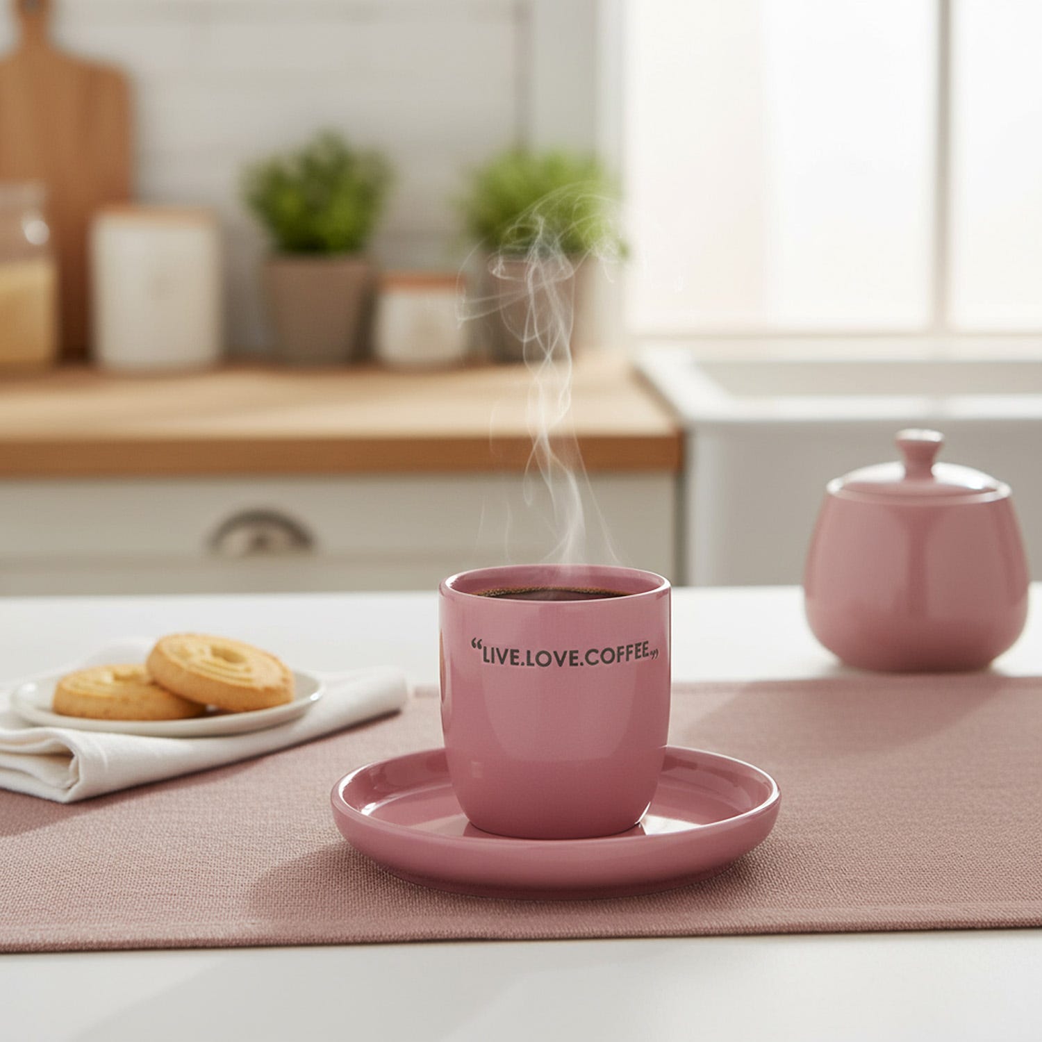 Tazzina caffè con piattino malva con scritta 135 ml