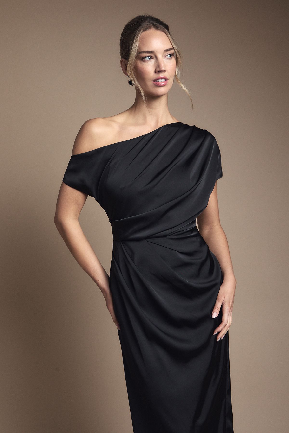 Coast Satin Ruched Detail Off The Shoulder Maxi Bridesmaid Dress