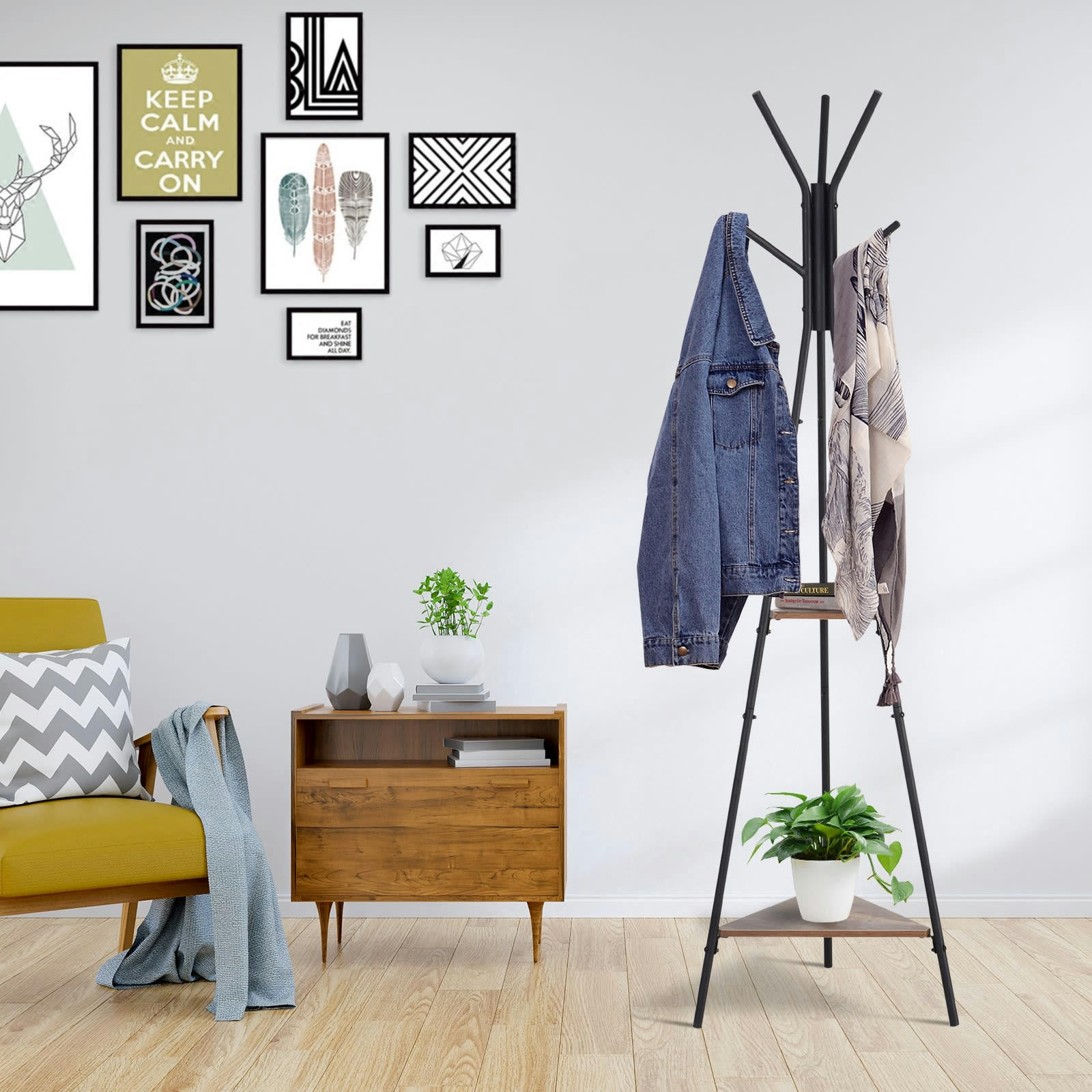 - Porte-manteau trépied style industriel branches + 2 étagères