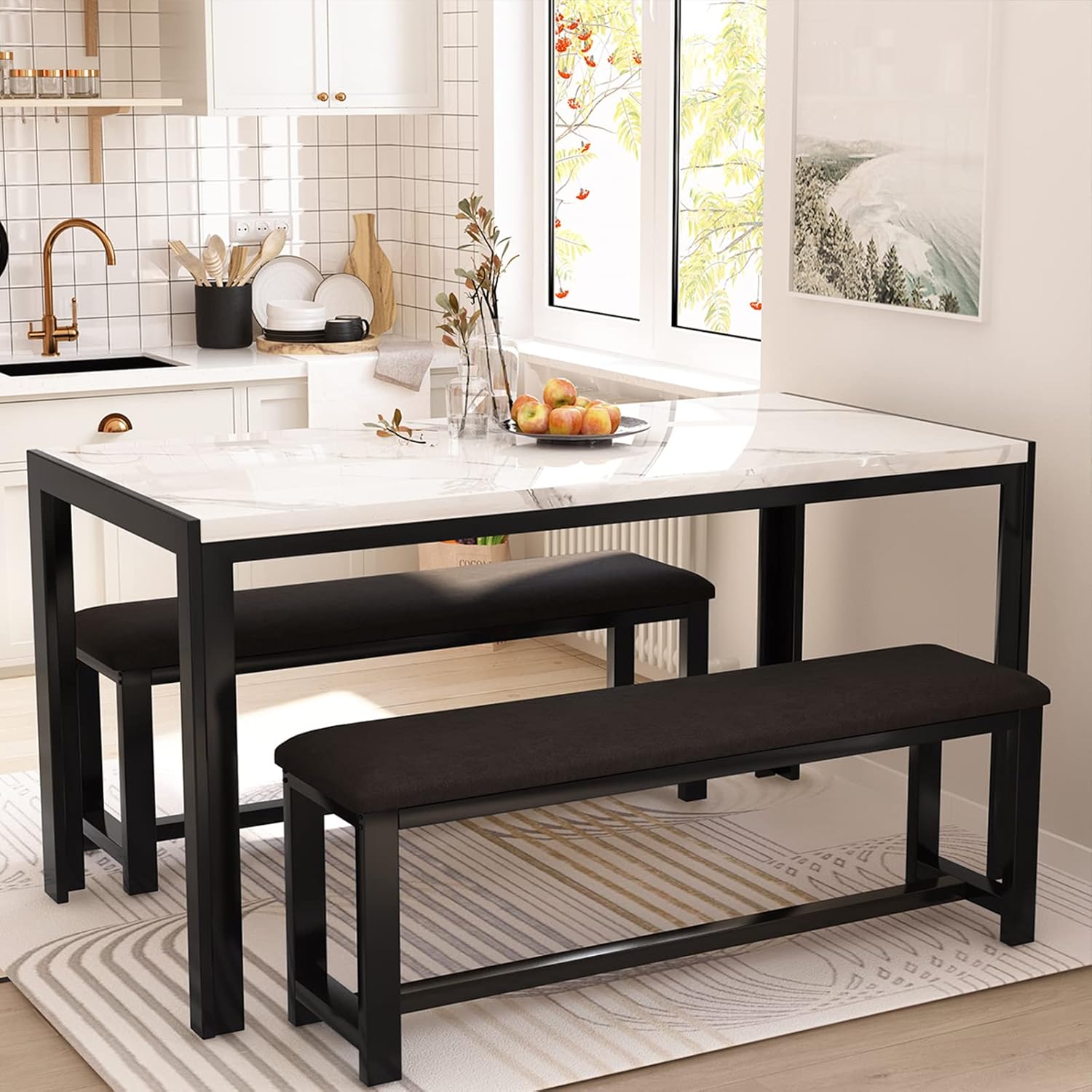 Dining Room Table Set with 2 Benches, Dining Table Set for 4-6, Dinner Table Set for 4, Faux Marble Breakfast Table Set & PU Leather Upholstered Benches for Small Spaces, Apartment, White