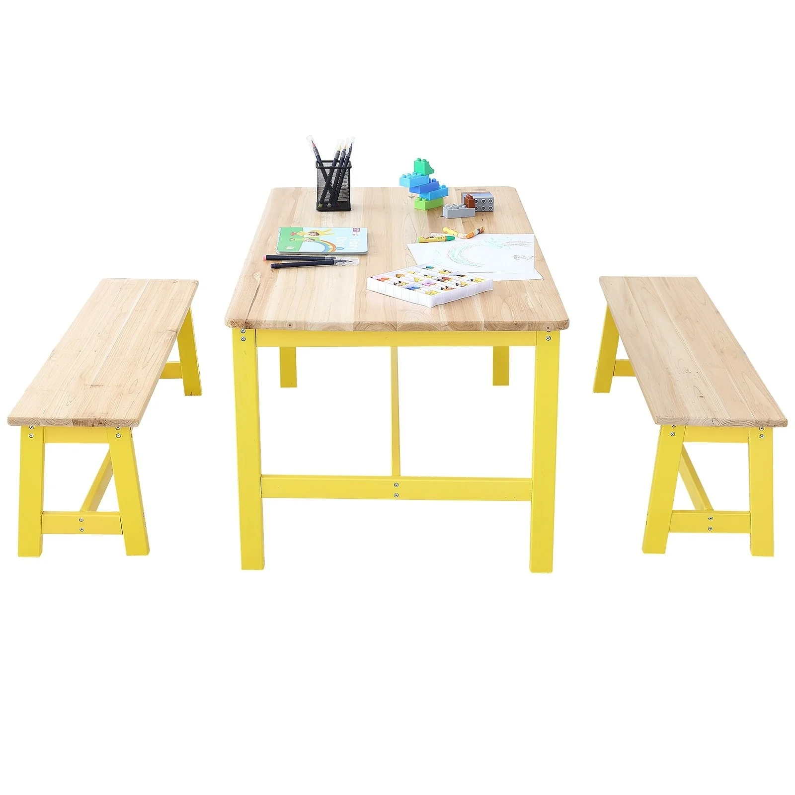 3 Pieces Rectangular Kids Wooden Activity Table and Bench Set Suitable Playroom Daycare or Tutoring Center