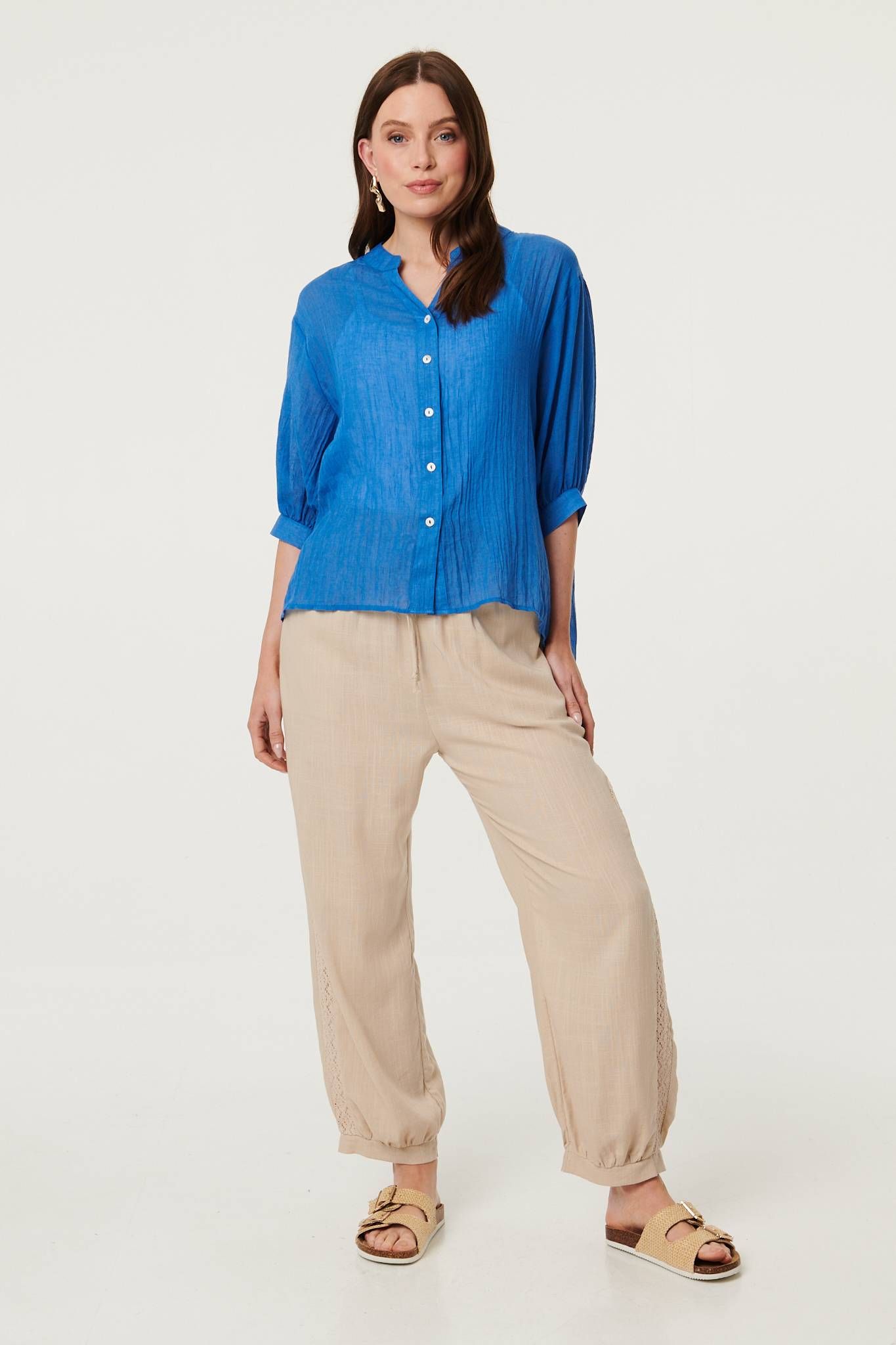 Izabel London Collarless Button Back 3/4 Sleeve Blouse