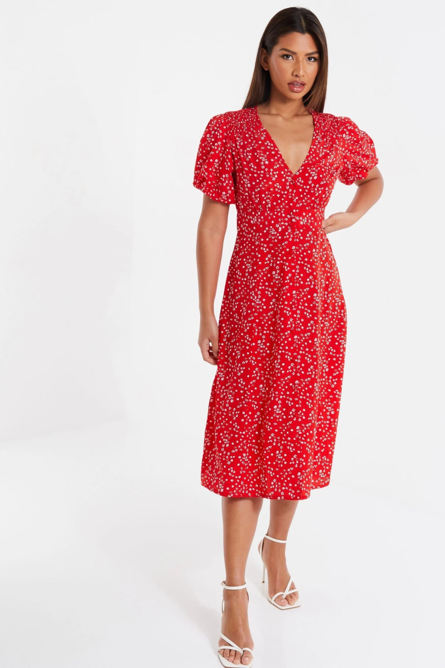 Quiz Red Ditsy Print Midi Dress