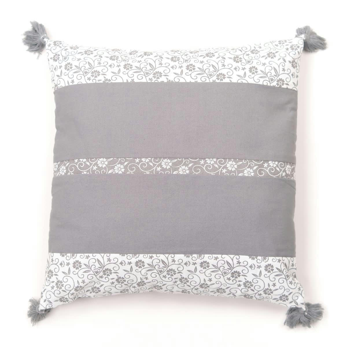 CHARME - Coussin à pompons imprimé en coton gris 45x45