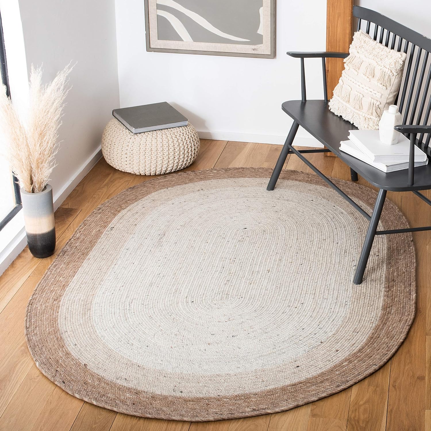 SAFAVIEH Braided Collection Area Rug - 8' x 10' Oval, Beige & Ivory, Handmade Country Cottage Reversible Wool, Ideal for High Traffic Areas in Living Room, Bedroom (BRD903B)