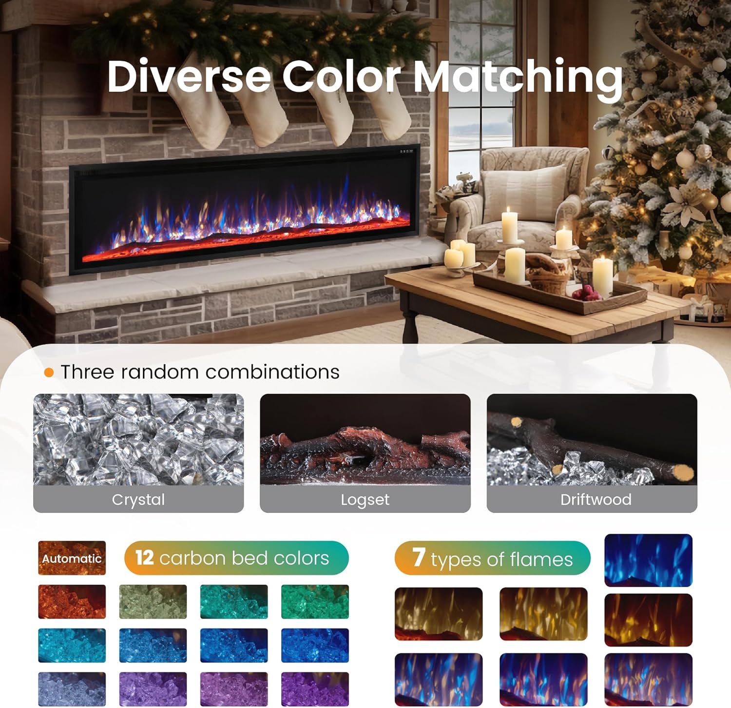 PHI VILLA 72 Electric Fireplace Wall Mounted, Recessed Wall Fireplace Electric with Crystal, Fake Charcoal & Firewood Bed for Indoor, Remote Control, 750W/1500W, Timer, Ultra-Narrow Bezel