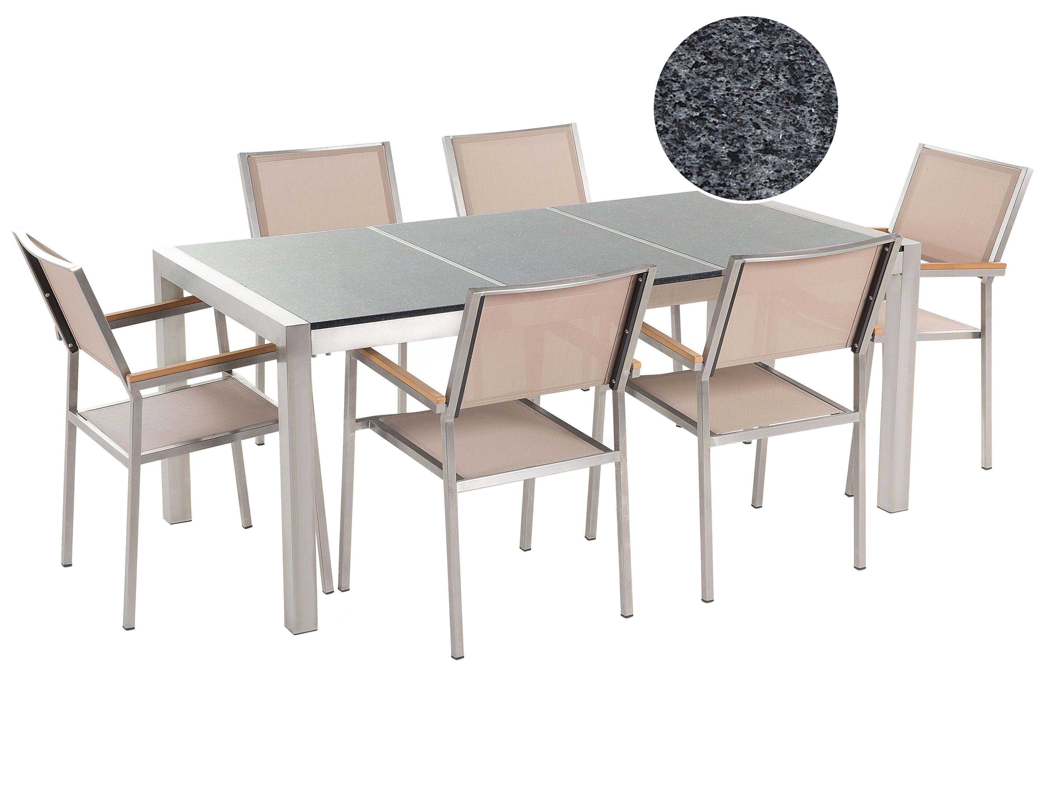 Garden Dining Set 6 Seater GROSSETO Triple Plate Granite Polished Grey/ Beige