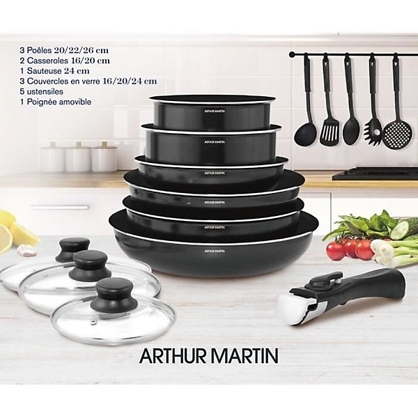 ARTHUR MARTIN Batterie de cuisine amovible 15 pieces 16-20-22-24-26 cm noir