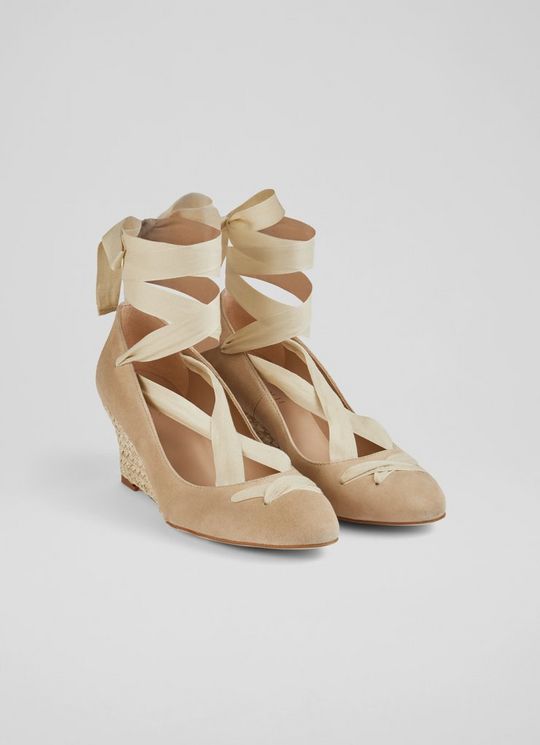 Drina Beige Suede Crossover Strap Espadrille Wedges