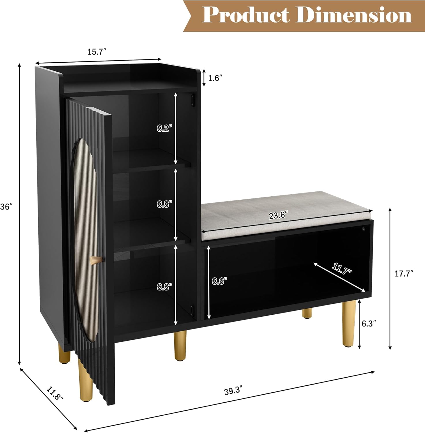 HLR Storage Bench with Glass Door&Shelf, Modern Entryway Shoe Cabinet Bench with Padded Seat, L-Shaped Storage Cabinet for Hallway, Bedroom, Living Room, Office, Black