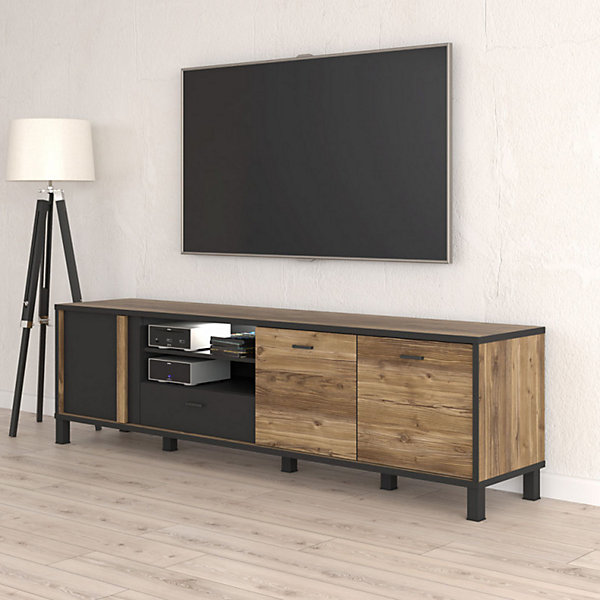 Meuble TV 200 cm 3 portes décor bois et noir pieds noir - CELIA